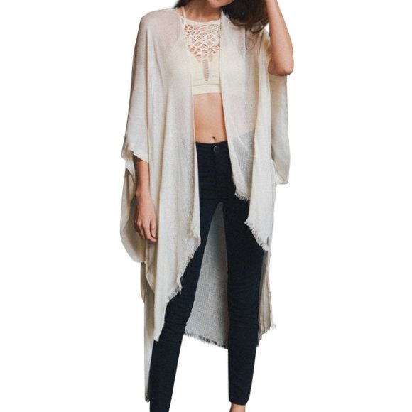 Ivory Open Grid Frayed Trim Kimono with Armholes - Picture 1 of 3
